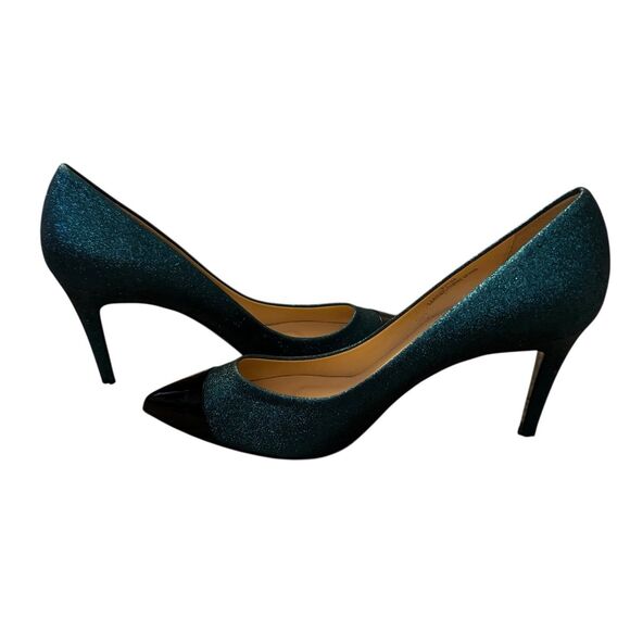J CREW Teal Black Glitter Sparkles Captoe Heel Size 10 Pump Holiday Shoe - Picture 9 of 13